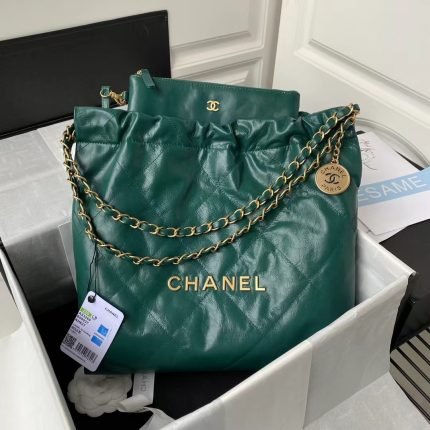 Chanel 22 AS3260 Small Bag Dark Green Calfskin Gold Hardware