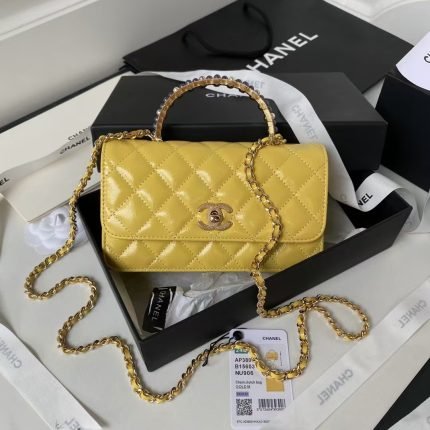 Chanel 24P AP3803 Shiny Crinkled Lambskin Chain Clutch Pearl Handle Yellow