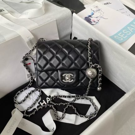 Chanel 23C AS1786 Mini Square Pearl Embossed Flap Bag Antique Silver Hardware Black