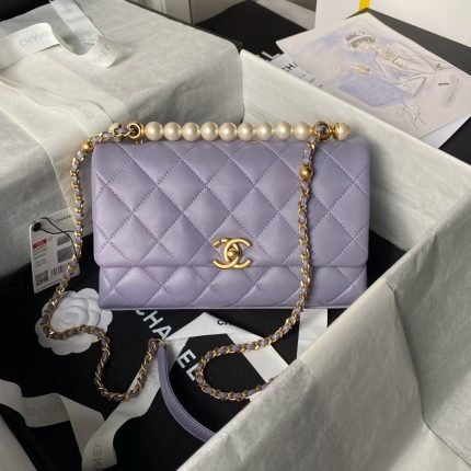 Chanel AS4997 Flap Bag With Top Handle Shiny Lambskin Imitation Pearls & Gold-Tone Metal Purple