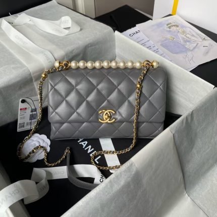 Chanel AS4997 Flap Bag Top Handle Shiny Lambskin Imitation Pearl & Gold Metal Grey