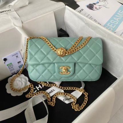 Chanel 23S AS4041 Mini Camellia Embossed Rectangular Flap Bag Antique Gold Hardware Green