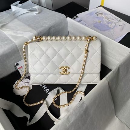 Chanel AS4997 Flap Bag Top Handle Shiny Lambskin Imitation Pearl & Gold Metal White