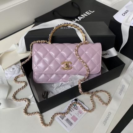 Chanel 24P AP3803 Shiny Crinkled Lambskin Chain Clutch Pearl Handle Purple