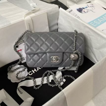 Chanel 23K AS1787 Mini Pearl Embossed Rectangular Flap Bag Lambskin Brushed Silver Metal Hardware Dark Grey