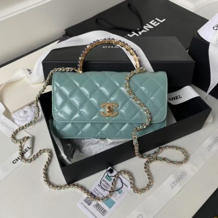 Chanel 24P AP3803 Shiny Crinkled Lambskin Chain Clutch Pearl Handle Green